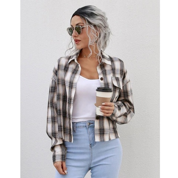 Drop Shoulder Button Front Plaid Jacket/Shirt - Picture 1 of 7